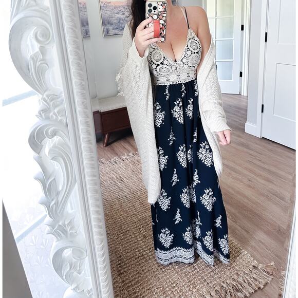 Chasing the Clouds boho goddess crochet top babydoll Flowy maxi dress M - Picture 2 of 11